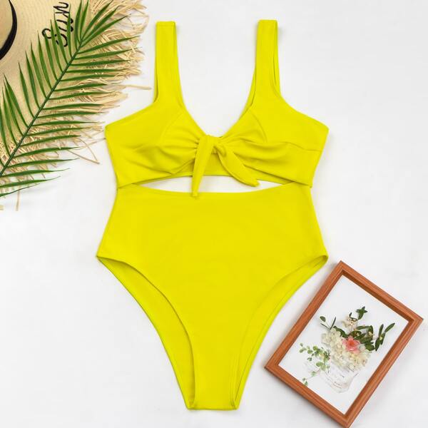 

Cut-out Knot Front One Piece Swimsuit, Yellow