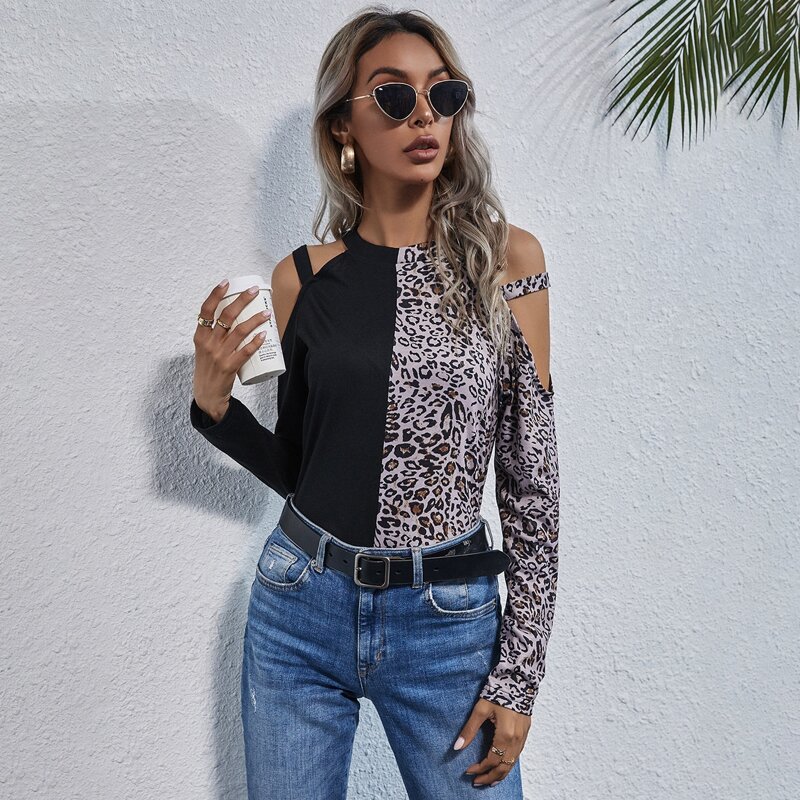 

Cold Shoulder Leopard Colorblock Tee, Multicolor