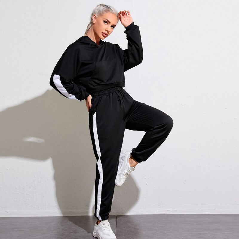 

Contrast Panel Sports Hoodie With Drawstring Sweatpants, Black