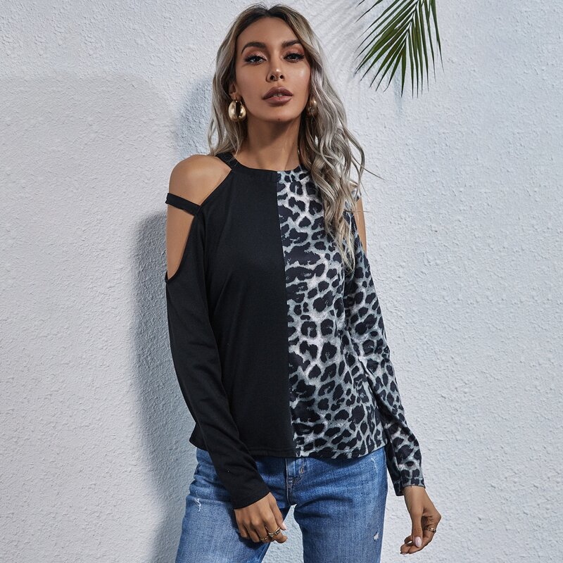

Cold Shoulder Leopard Colorblock Tee, Multicolor