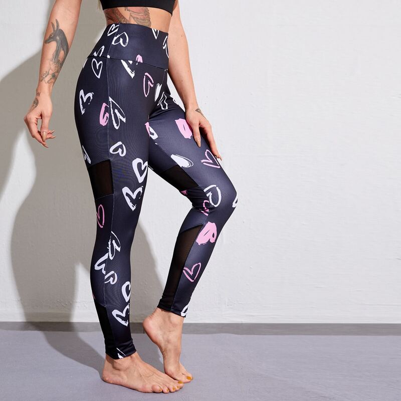 

Heart Print Contrast Mesh Sports Leggings, Navy blue