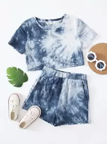 SHEIN Girls Tie Dye Tee & Track Shorts Set - Multicolor - View 1