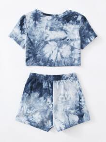 SHEIN Girls Tie Dye Tee & Track Shorts Set - Multicolor - View 2