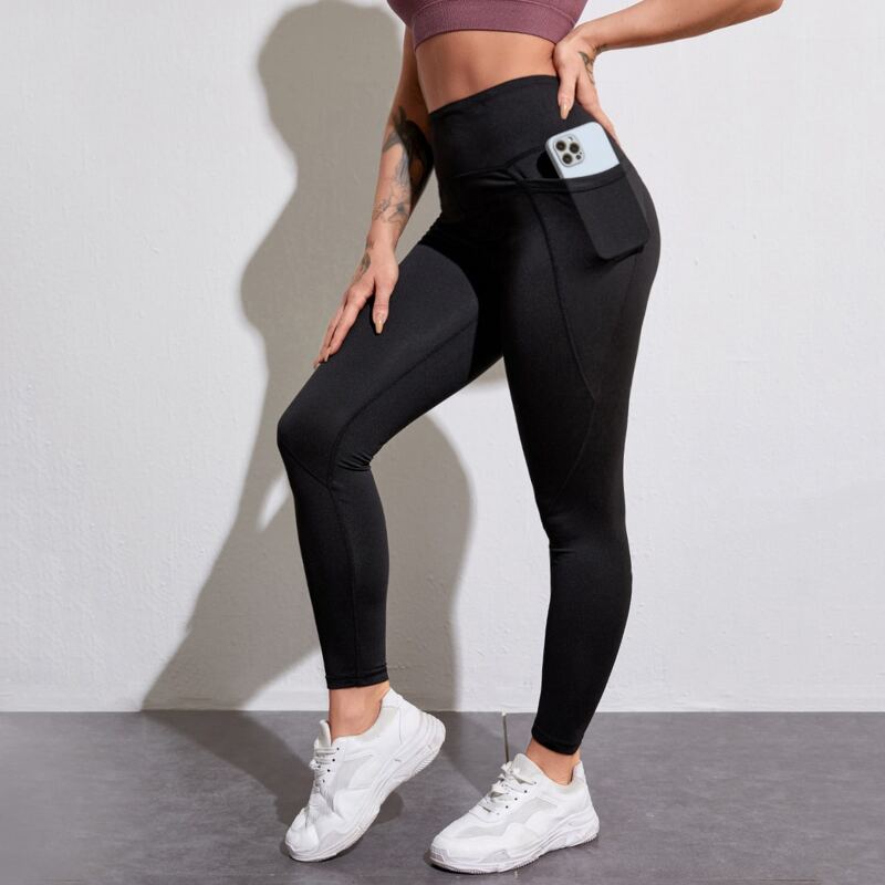 

Solid Wide Waistband Sports Leggings With Phone Pocket, Black