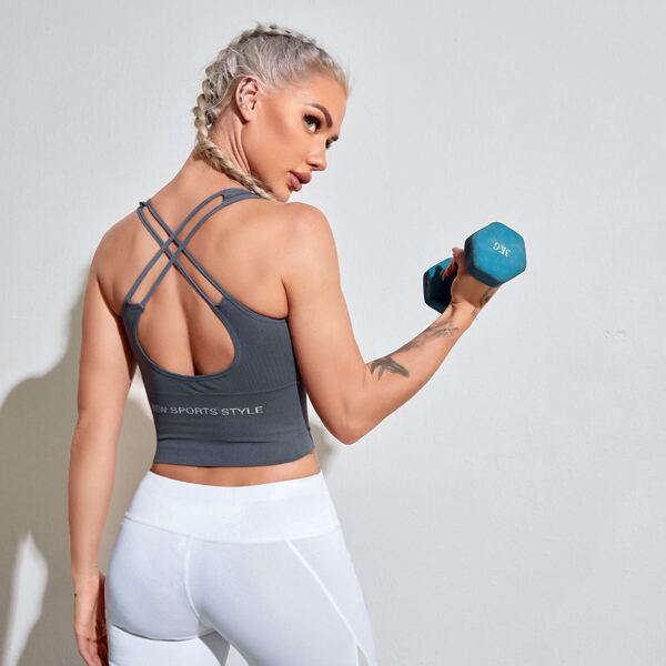 

Slogan Graphic Criss Cross Back Sports Bra, Dusty blue