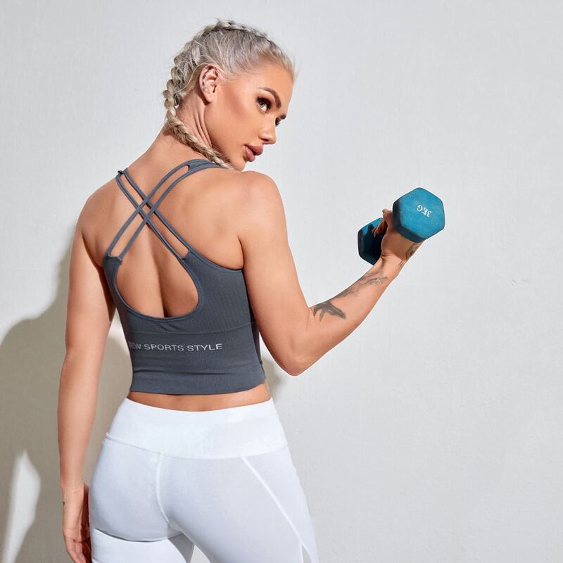 

Slogan Graphic Criss Cross Back Sports Bra, Dusty blue