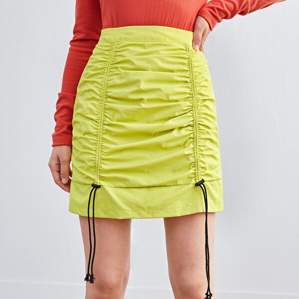 

Drawstring Ruched Solid Skirt, Yellow
