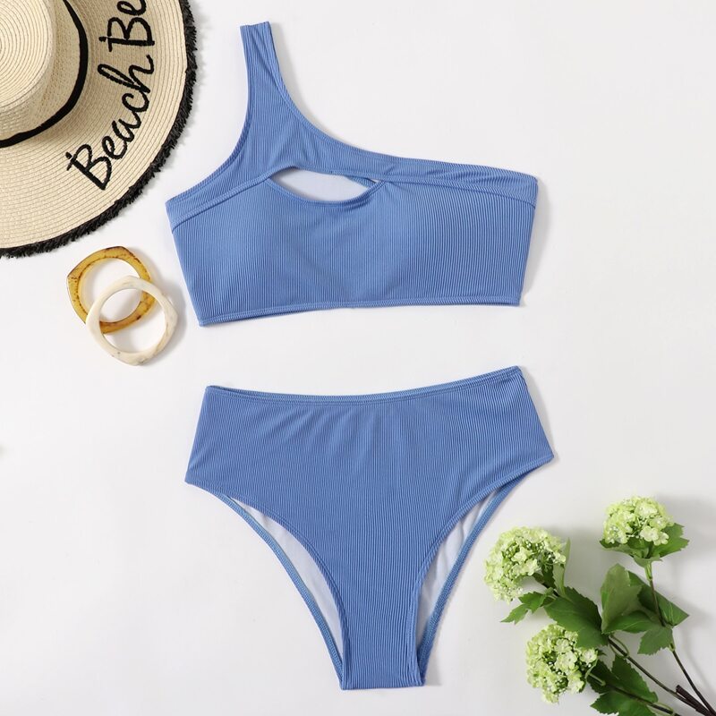 

One Shoulder High Waist Bikini Swimsuit, Blue
