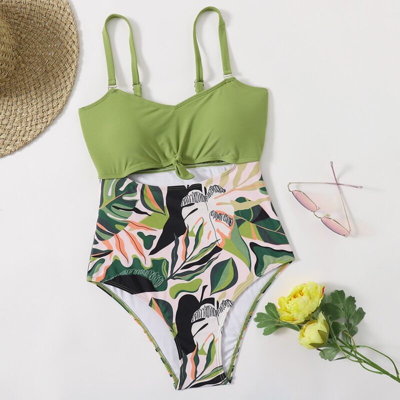 

Tropical Leaf Knot Detail One Piece Swimsuit, Multicolor