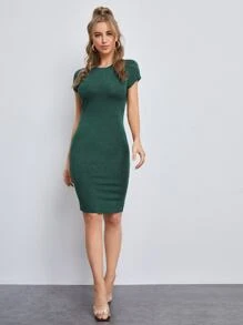 SHEIN Privé Vestido ajustado unicolor de cuello redondo - Verde Oscuro - Ver 5