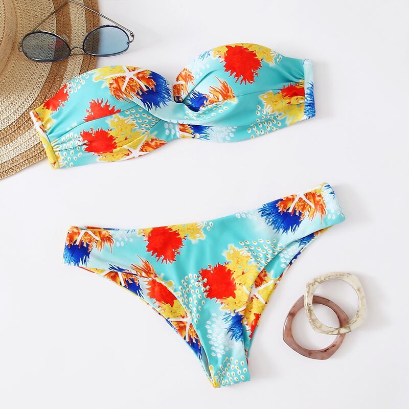

Underwater Plants Print Bandeau Bikini Swimsuit, Multicolor