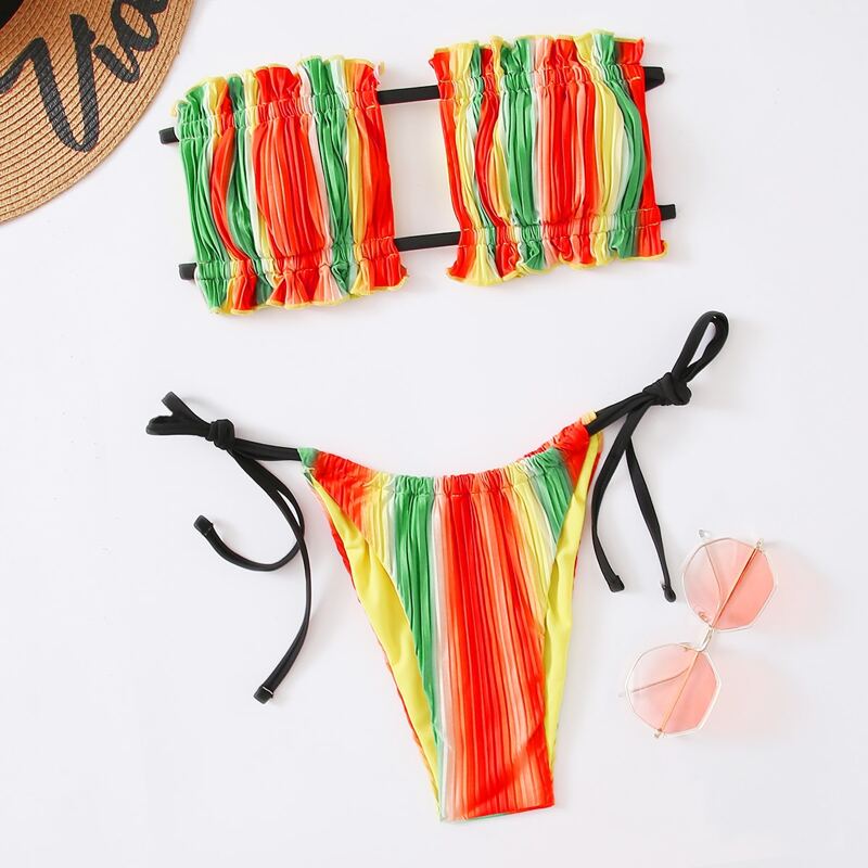 

Stripe Frill Trim Bikini Swimsuit, Multicolor