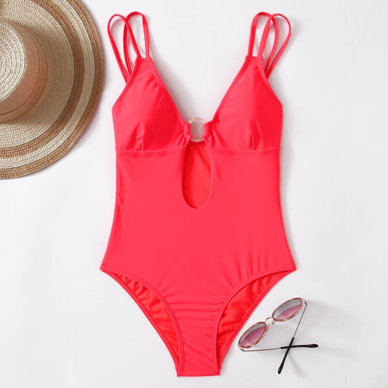 

Solid Ring Decor One Piece Swimsuit, Watermelon pink