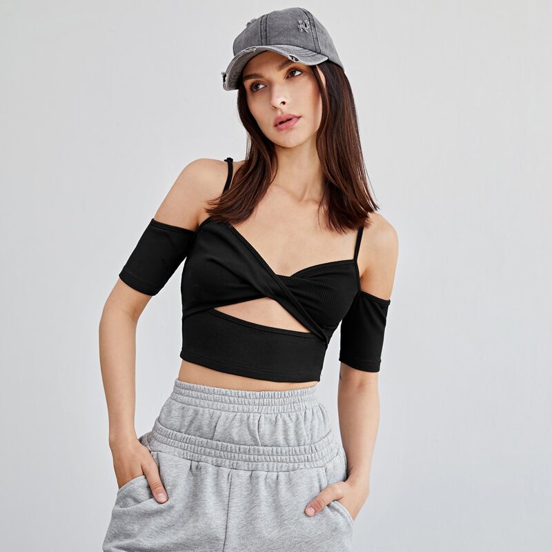 

Cold Shoulder Twist Front Top, Black