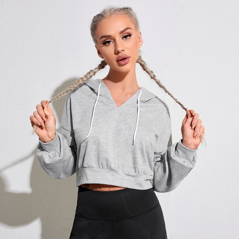 

Solid Drop Shoulder Drawstring Crop Sports Hoodie, Light grey