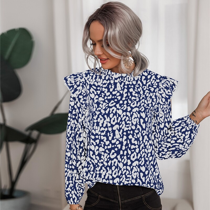

Allover Print Ruffle Trim Blouse, Blue and white
