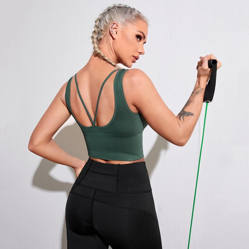

Graphic Print Scoop Neck Sports Bra, Dark green