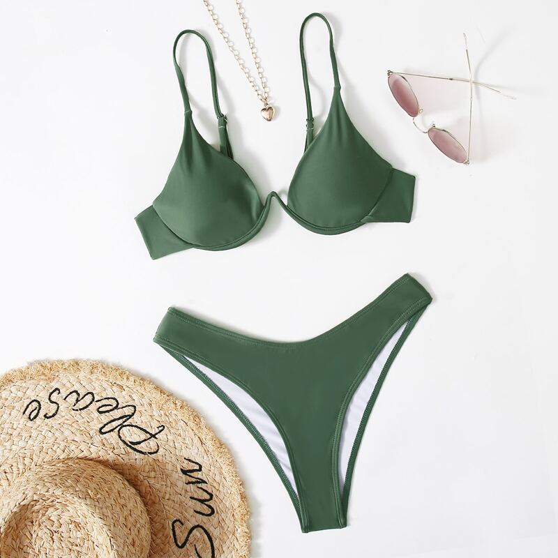 

Solid Underwire Bikini Swimsuit, Army green