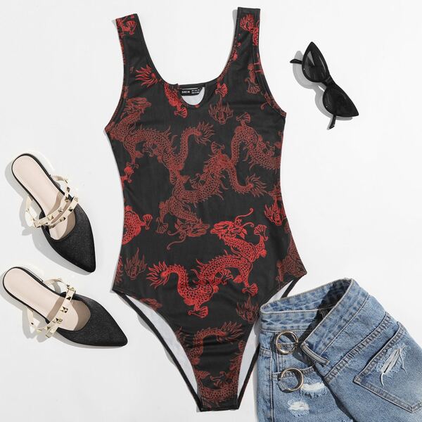 

Notch Neck Chinese Dragon Print Tank Bodysuit, Multicolor