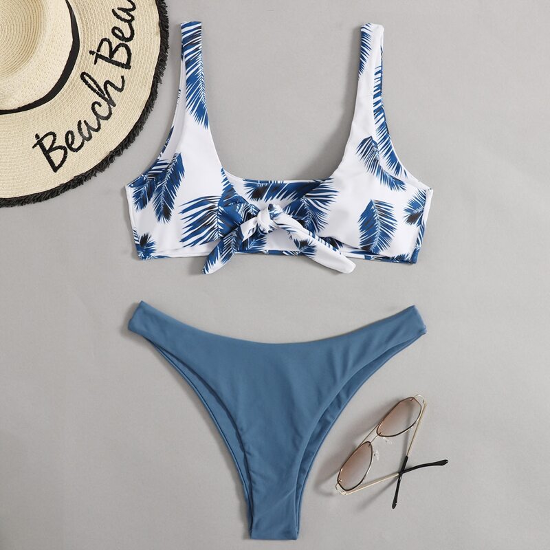 

Leaf Print Knot Bikini Swimsuit, Multicolor