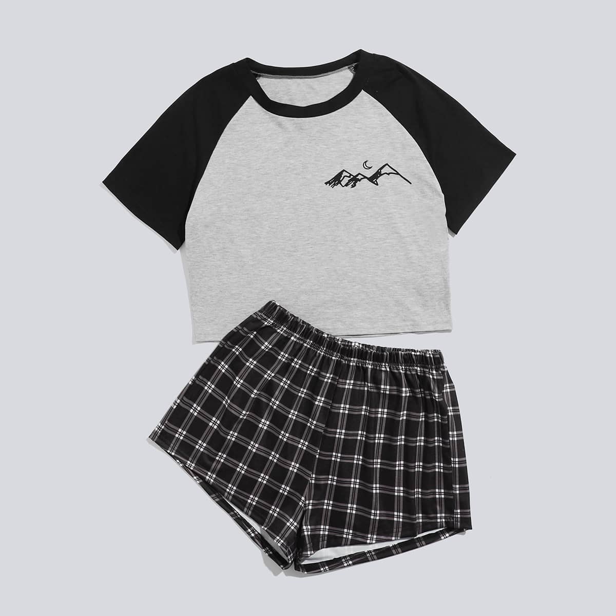

Mountain & Plaid Print PJ Set, Multicolor