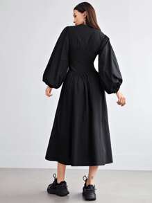 Mulvari Zip Front Lantern Sleeve Solid Dress