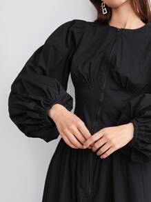 Mulvari Zip Front Lantern Sleeve Solid Dress
