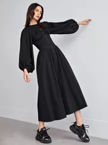 Mulvari Zip Front Lantern Sleeve Solid Dress