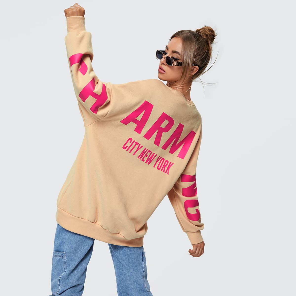 

Letter Graphic Drop Shoulder Oversized Sweatshirt, Apricot