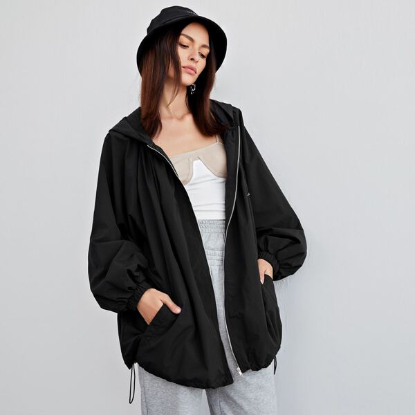 

Raglan Lantern Sleeve Drawstring Hem Zip Up Hooded Coat, Black