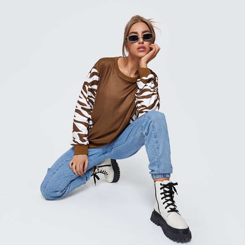 

Drop Shoulder Contrast Zebra Stripe Sweatshirt, Coffee brown