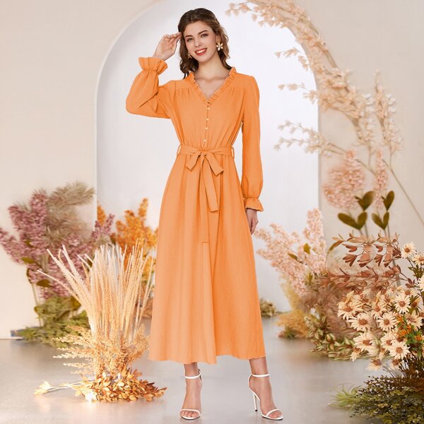 

Solid Frill Trim Flounce Sleeve Belted Dress, Orange