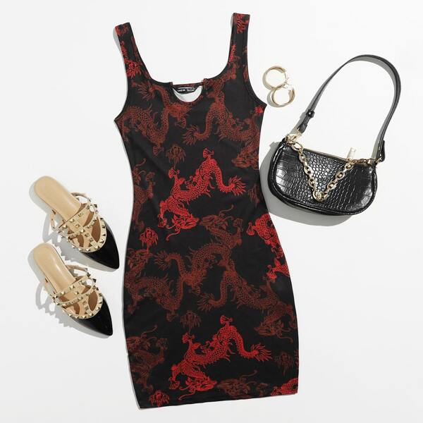 

Notch Neck Chinese Dragon Print Dress, Multicolor