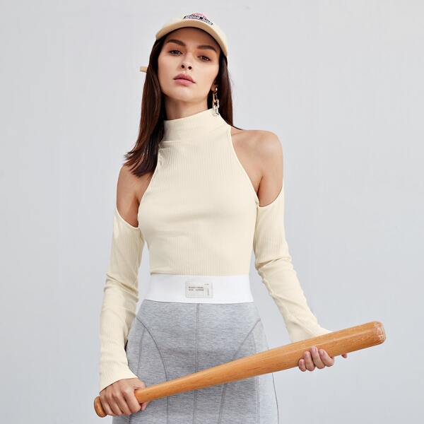 

Open Shoulder Rib-knit Tee, Beige