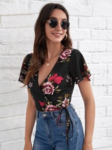 SHEIN Butterfly Sleeve Tie Side Wrap Top - Multicolor - View 1