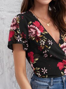 SHEIN Butterfly Sleeve Tie Side Wrap Top - Multicolor - View 5