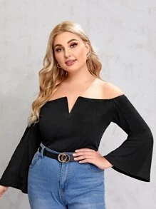 SHEIN Plus V-bar Bell Sleeve Bardot Top - Black - View 3