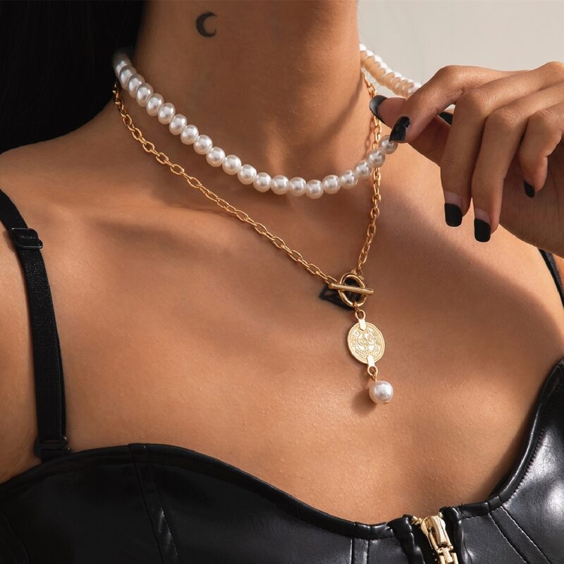 

Coin Charm Faux Pearl Layered Necklace, Gold