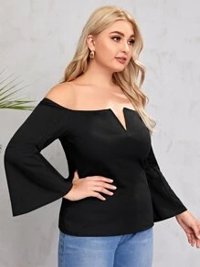 SHEIN Plus V-bar Bell Sleeve Bardot Top - Black - View 4