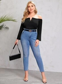 SHEIN Plus V-bar Bell Sleeve Bardot Top - Black - View 5