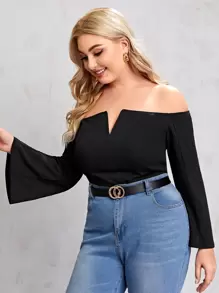 SHEIN Plus V-bar Bell Sleeve Bardot Top - Black - View 1