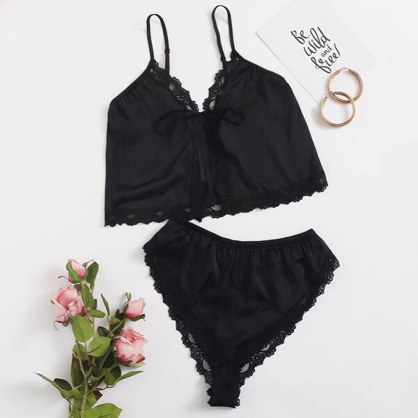 

Lace Trim Satin Lingerie Set, Black