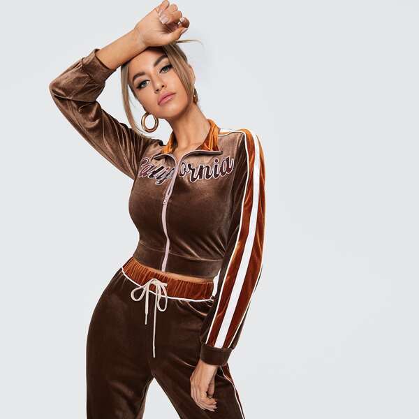 

Letter Embroidery Side Striped Velvet Jacket, Chocolate brown