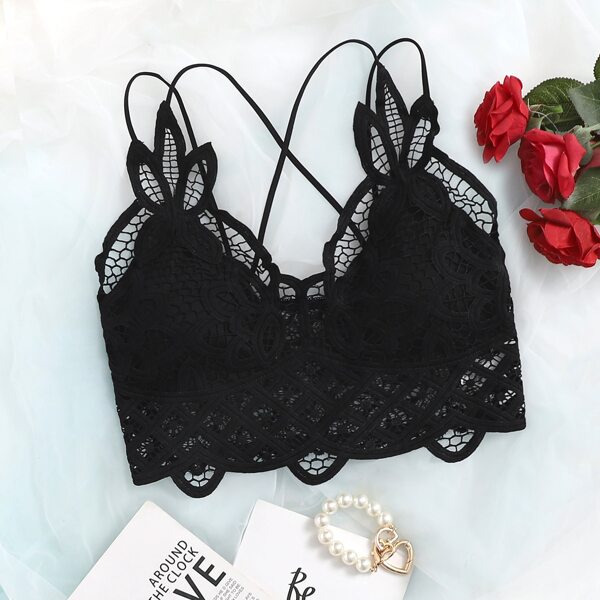 

Hollow Out Lace Longline Bralette, Black
