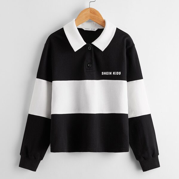 

Girls Collared Buttoned Front Letter Graphic Two Tone Sweatshirt, Black and white
