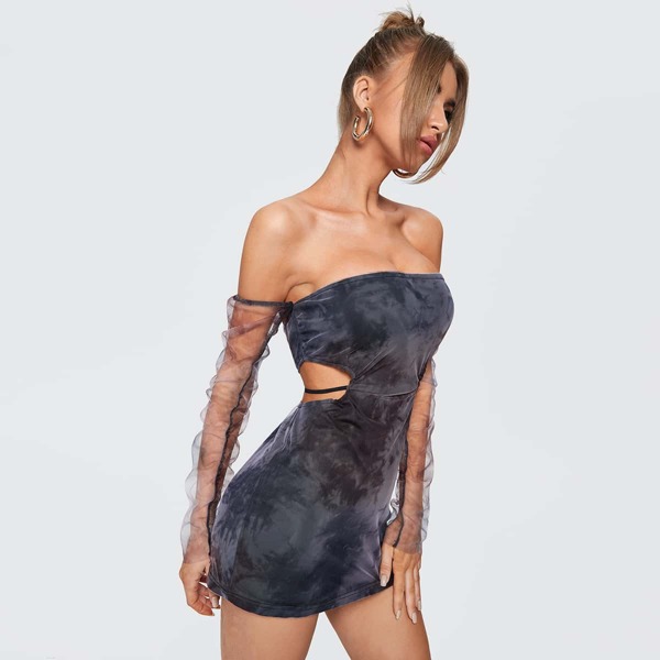 

Mesh Sleeve Peekaboo Side Off Shoulder Dress, Dark grey