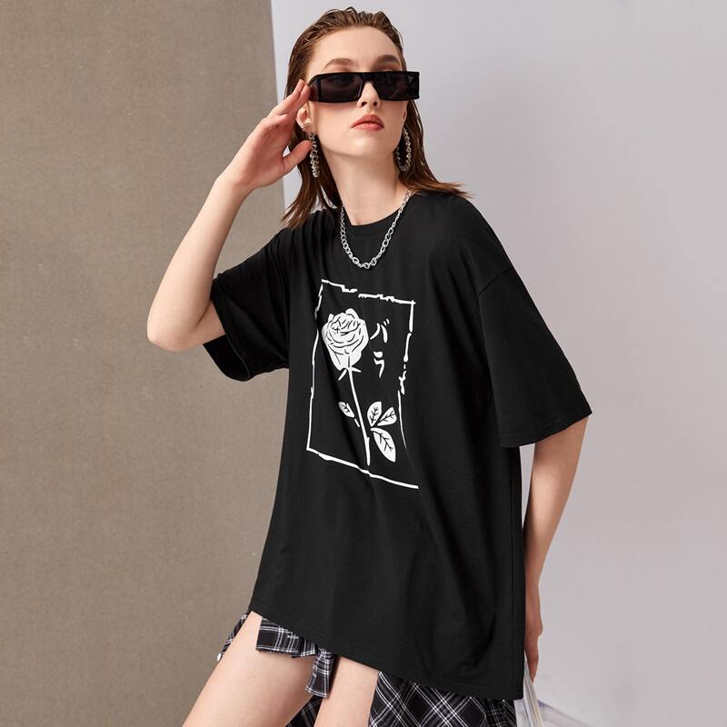 

Japanese Letter Rose Oversized Tee, Black