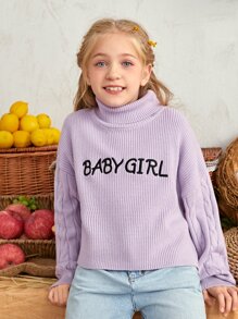 SHEIN Girls Rolled Neck Letter Embroidered Cable Knit Sleeve Sweater - Lilac Purple - View 1