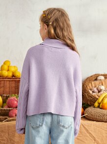 SHEIN Girls Rolled Neck Letter Embroidered Cable Knit Sleeve Sweater - Lilac Purple - View 2