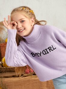 SHEIN Girls Rolled Neck Letter Embroidered Cable Knit Sleeve Sweater - Lilac Purple - View 3